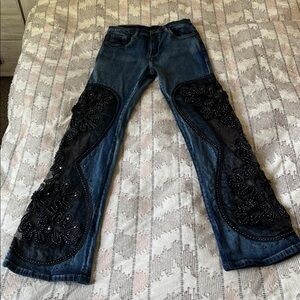 Embellished Blue Jeans with Black Lace